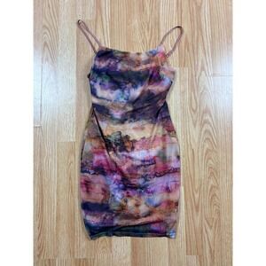 7DAY WKND Mesh Bodycon Mini Dress Abstract Watercolor Print Cowl Neck Purple M